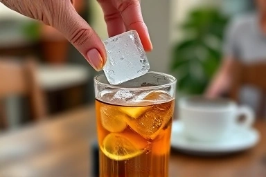 Hand adding clear ice cube to a refreshing drink in home cafe.